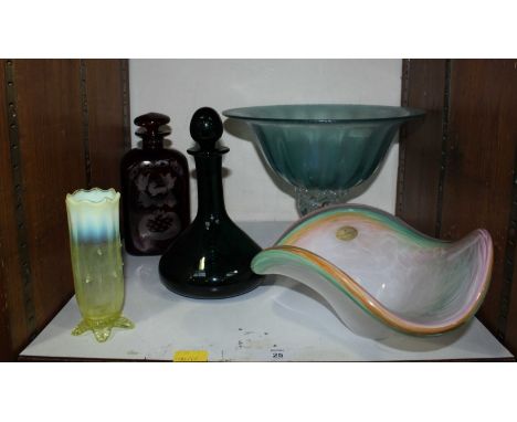 SECTION 25. A Murano glass bowl, together with a ruby glass decanter, a Thomas Webb green glass decanter, a studio glass bowl