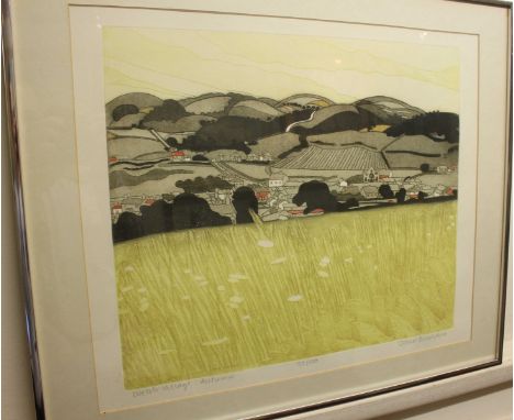 John Brunsdon (b1933-1914), "Welsh Village, Autumn," signed in pencil, ltd edition 92/150, lithograph, 40x44cm, in aluminium 