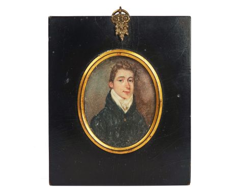 A GROUP OF FIVE PORTRAIT MINIATURES AND A PAPIER-MÂCHÉ SNUFF BOX LID19th Century and laterComprising: two gentlemen; a lady w