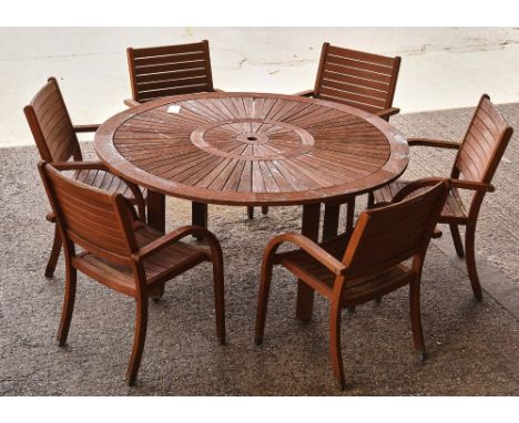 A HARDWOOD CIRCULAR GARDEN TABLE (7)153cm diameter, together with six open armchairs, 60cm wide; 91cm high