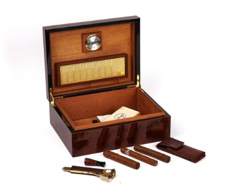 A BURR WALNUT VENEERED HUMIDORModernThe interior fitted with a barometer and humidifier detailed 'HILLWOOD', 30cm wide; 23cm 