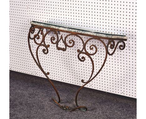 AN EARLY 20TH CENTURY FRENCH CONSOLE TABLEWith serpentine marble top over a wrought iron base 84cm wide; 70cm high; 33.5cm de