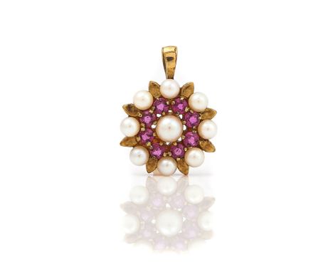 A 9CT GOLD, RUBY AND DIAMOND CLUSTER PENDANTDesigned as a flower head, mounted with the principle cultured pearl to the centr