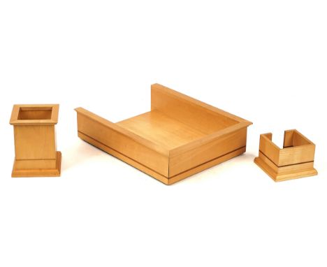DAVID LINLEY FOR DUNHILL; A SYCAMORE AND WALNUT LINE INLAID DESK TRAY, MEMO HOLDER AND PEN HOLDER (3)ModernEach stamped to th