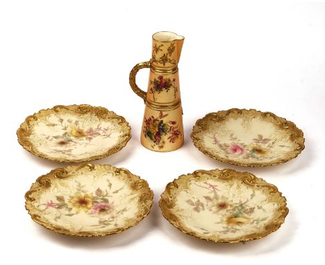 FOUR GRAINGER'S WORCESTER DESSERT PLATESCirca 1894Painted with roses possibly by George Cole, printed shield mark and date co