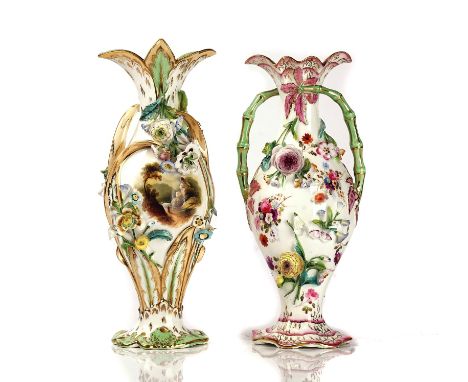 TWO ENGLISH PORCELAIN FLOWER ENCRUSTED VASESSecond quarter 19th centuryThe first by Samuel Alcock, painted with flowers and a