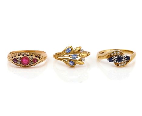 THREE 9CT GOLD AND GEM SET RINGS (3)Comprising; a 9ct gold, sapphire and diamond ring, in a twistover design, ring size O and