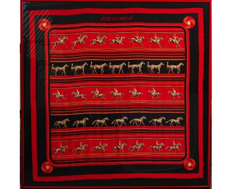CATY LATHAM FOR HERMES; A RED, BLACK AND ORANGE SILK SCARF, ‘SEQUENCES’Later framed, entitled ‘Sequences’ and printed &nbsp;‘