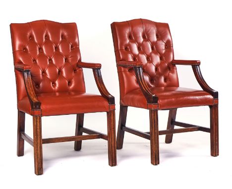 A PAIR OF 18TH CENTURY STYLE MAHOGANY FRAMED GAINSBOROUGH ARMCHAIRS (2)With studded brown leather upholstery, 58cm wide; 103c