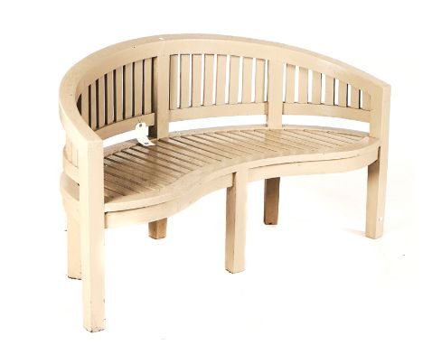 A PISTACHIO PAINTED SEMI-ELLIPTIC GARDEN BENCHOn block supports, 150cm wide; 85cm high