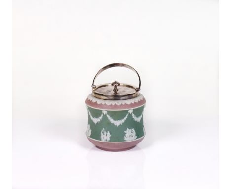 A WEDGWOOD TRI-COLOUR JASPER BISCUIT BARREL WITH PLATED COVER AND MOUNTSLate 19th centurySprigged with white reliefs of class