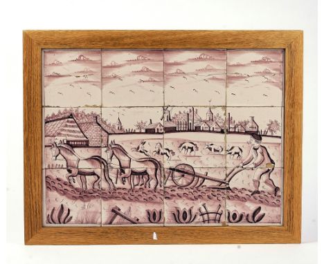 A DUTCH DELFT RECTANGULAR TILE PANEL19th centuryFormed of twelve tiles painted in manganese with a farmer and horses ploughin