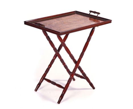A 19TH CENTURY MARQUETRY INLAID RECTANGULAR SERVING TRAYOn folding  ‘X’ frame stand  76cm wide; 76cm highCondition report:&nb
