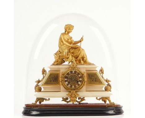 A FRENCH GILT-METAL MOUNTED ALABASTER MANTEL CLOCKCirca 1880The case surmounted by a personification of Music, with enamel de