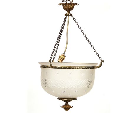 A REGENCY STYLE GILT-BRASS MOUNTED FROSTED GLASS HANGING LIGHT20th CenturyWith a single light fitment, 30.5cm diameter&nbsp;C