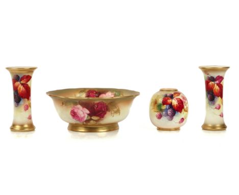 A PAIR OF ROYAL WORCESTER SMALL BEAKER VASES AND VASE BY KITTY BLAKECirca 1932 and 1941Each piece painted with blackberries, 
