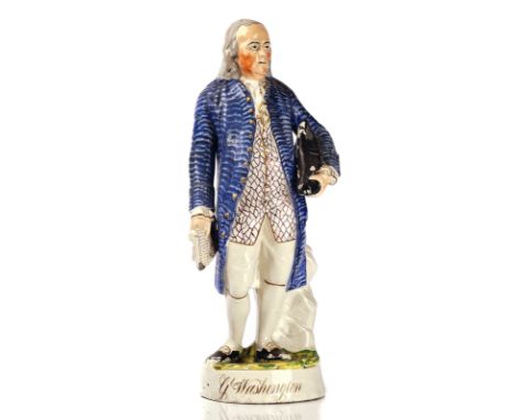 A STAFFORDSHIRE POTTERY FIGURE OF `GEORGE WASHINGTON'19th centuryModelled standing holding a hat and scroll, raised on a base