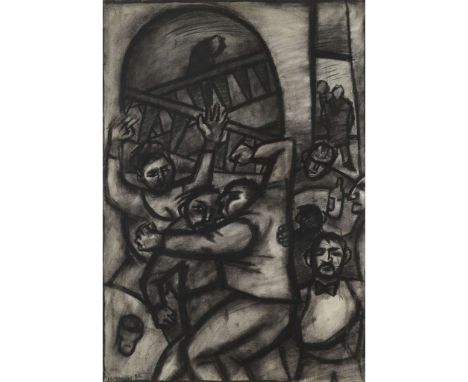  PETER HOWSON O.B.E. (SCOTTISH B.1958) THE FIGHT, 1983 Signed and dated '83 lower left, charcoal 80.5cm x 56cm (31.75in x 22i