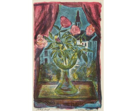  SIR WILLIAM MACTAGGART P.R.S.A., R.A., F.R.S.E., R.S.W. (SCOTTISH 1903-1981) ROSES AGAINST A NIGHT SKY - 1958 Lithograph, Ar