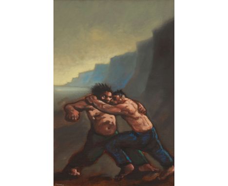  PETER HOWSON O.B.E. (SCOTTISH B.1958) THE CONFLICT, 1995 Signed lower left, oil on canvas 44cm x 29cm (17.25in x 11.5in)   