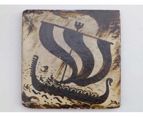A large Bernard Leach studio pottery tile painted in dark brown to depict a Viking longship in stormy seas, eight impressed r