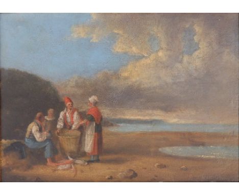 19thC Dutch School – oil on metal – Fisherfolk on the shoreline – old label to verso 'By an Old Master', 7” x 9.5”.