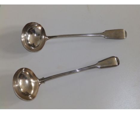 A Victorian silver fiddle & thread pattern soup ladle – GA, 1860 together with an 1835 London ladle. (2)