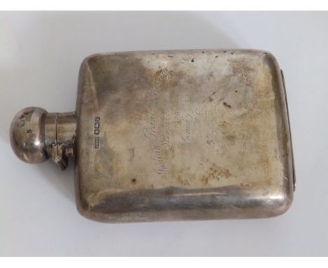 A plain silver presentation silver hip flask – Indian Grand Military Steeplechase 1926 Knacky Fox', Dixon & Sons, Sheffield.