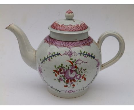 A George III teapot painted in pinks & green in the neoclassical taste.