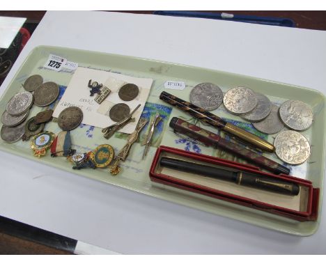 Three Vintage Pens, including Parker with gold knib, 'Hurrah Its Butlins', Womens Land Army and other badges, 1935 Silver Jub