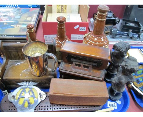 Wooden Musical Box as a Bench, Wade Whisky Bells, crib board, 'AA' badge, dominoes etc:- One Tray