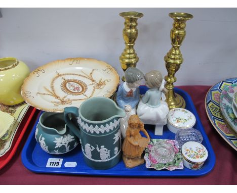 Brass Candlesticks, Nao figure group, Dudson jasperware, carved wooden figure, etc:- One Tray