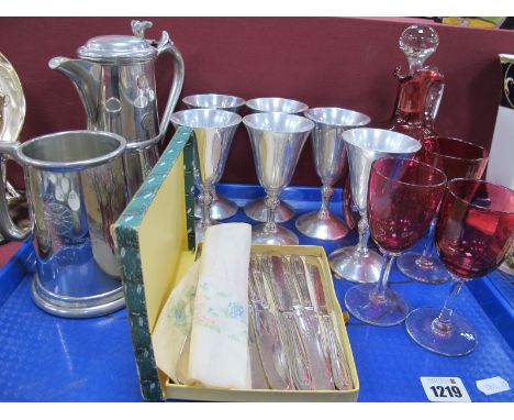 A XIX Century Cranberry Glass Decanter, three similar wines, twelve Walker &amp; Hall knives, pewter pitcher, Spanish goblets