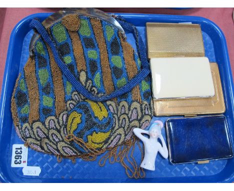 1920's Beadwork Handbag, with faux tortoiseshell frame, ladies cigarette cases, pin cushion doll:- One Tray