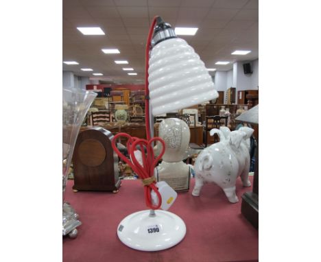 An Original B.T.C Desk Lamp, white enamel base and shade, red cord feature, 45cm high.