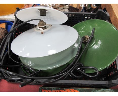 Three Green Enamel Ceiling Lights, and two opaline glass examples.