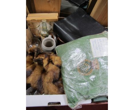 Cushion From HMS Sheffield, purportedly last voyage before sale to Chile, glassware, cape, bag, etc:- One Box