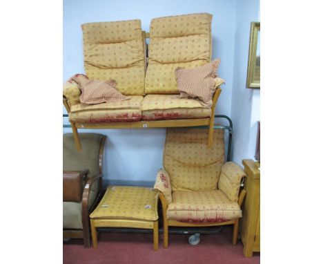 Ercol. Lounge Settee, two-seater with ladder back; matching single chair and stool.