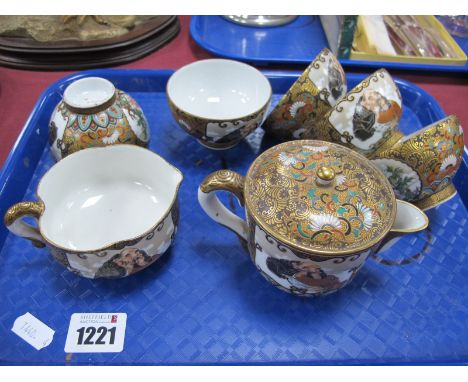 Oriental. Japanese Pottery Teapot, one panel decorated with man in thought, another featuring chrysanthemum, profusely decora