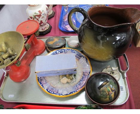 Torquay Pottery Large Jug and Lidded Trinket Pot, scales with brass pan and weights, Quimper plate, miniature glass flowers i