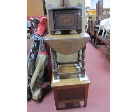 Oak Drop Leaf Coffee Table, on turned and block supports, commode, corner wall cupboard having flying goose panel.