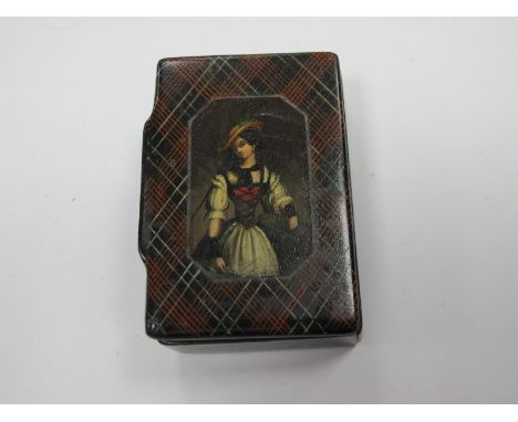 XIX Century Tartan Ware Snuff Box, in papier mache, the lid handpainted featuring a lady, 6 x 9cm.