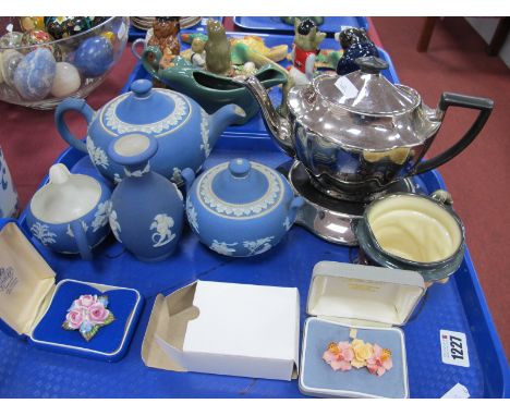 Wedgwood Blue Jasperware Teapot, sugar, cream and vase, Ducal silver lustre teapot on stand, Doulton 'Tony Weller' character 