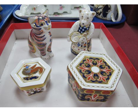 A Crown Derby Kitten Paperweight, teddy bear and two hexagonal trinket boxes.