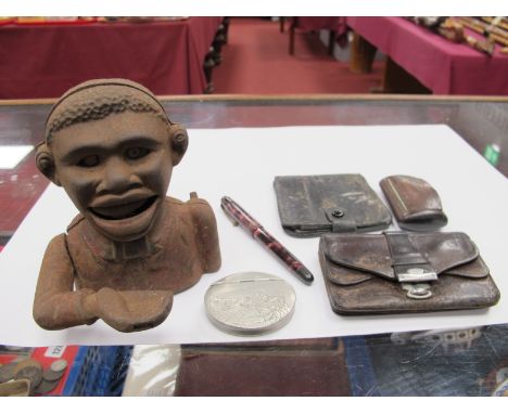 A JD&amp;S Sheffield Pewter Snuff Box, (L1458) a wooden snuff box, a "Little Joe Bank" money box, a leather purse, wallet and