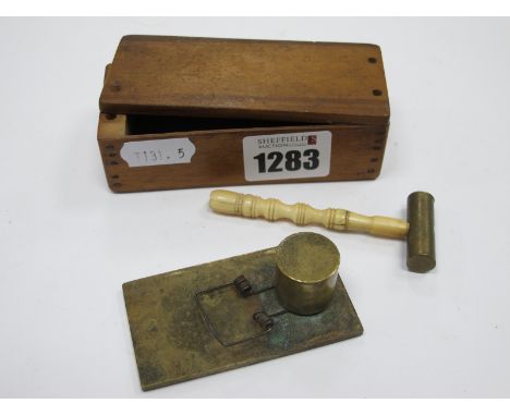 A Late XIX/Early XX Century Small Brass Instrument , with turned bone hammer with brass head, in fitted wooden box.