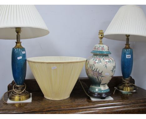 A Pair of French Turquoise Crackle Ware Lamps, Chinese ceramic table lamp. (3)