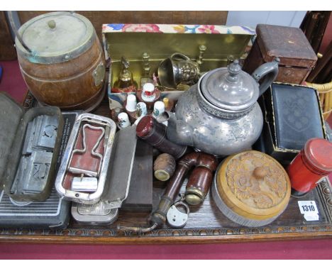 Oak Biscuit Barrel, Rolls Razor, thimbles, leather carriage clock case, Dominoes for the Blind, pipe, money banks etc. on a t