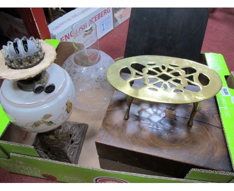 A XIX Century Walnut Writing Box (damaged), and ebonised desk stand, brass trivet, an oil lamp with painted glass well and et