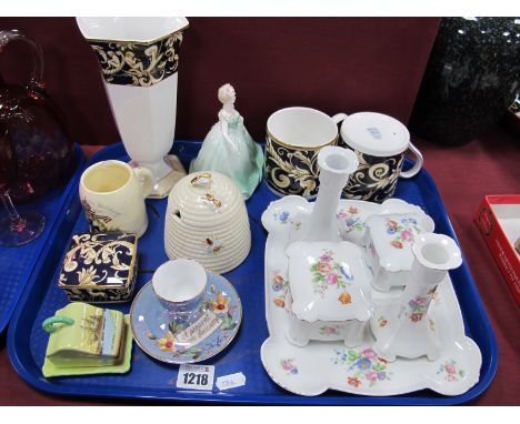 Wedgwood 'Cornucopia' Hexagonal Vase, mugs, trinket box, Beswick honey pot, Coalport figurine etc:- One Tray.